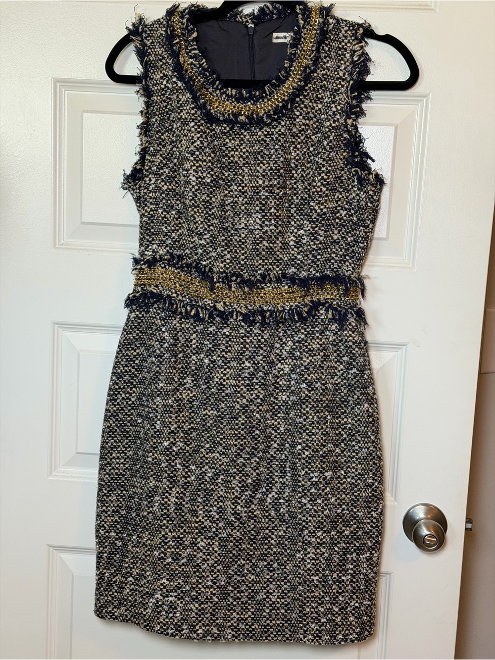 Boston Proper Black, Cream & Gold Tweed Mini Dress With Chained Collar and Waist